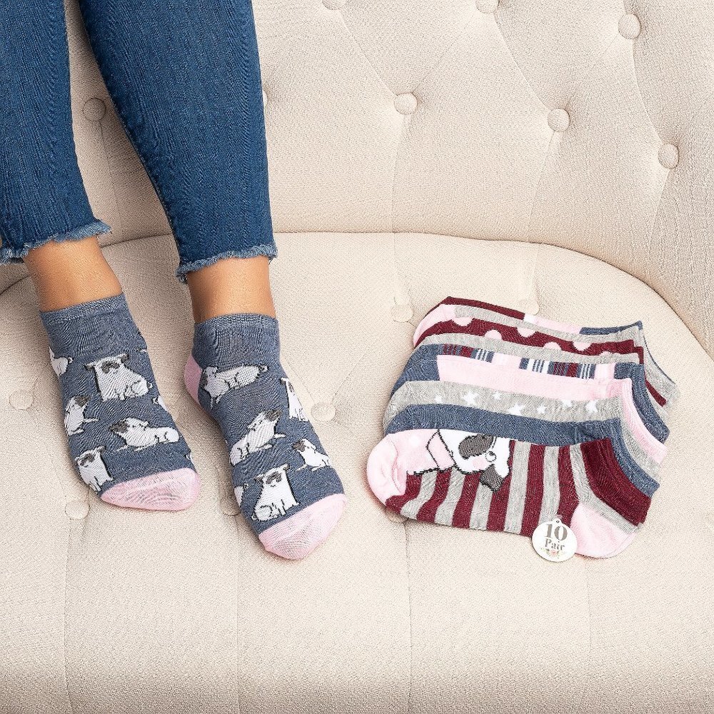 10 PAIR VALUE PACK FRENCH DOG PRINT LOW SOCKS‎